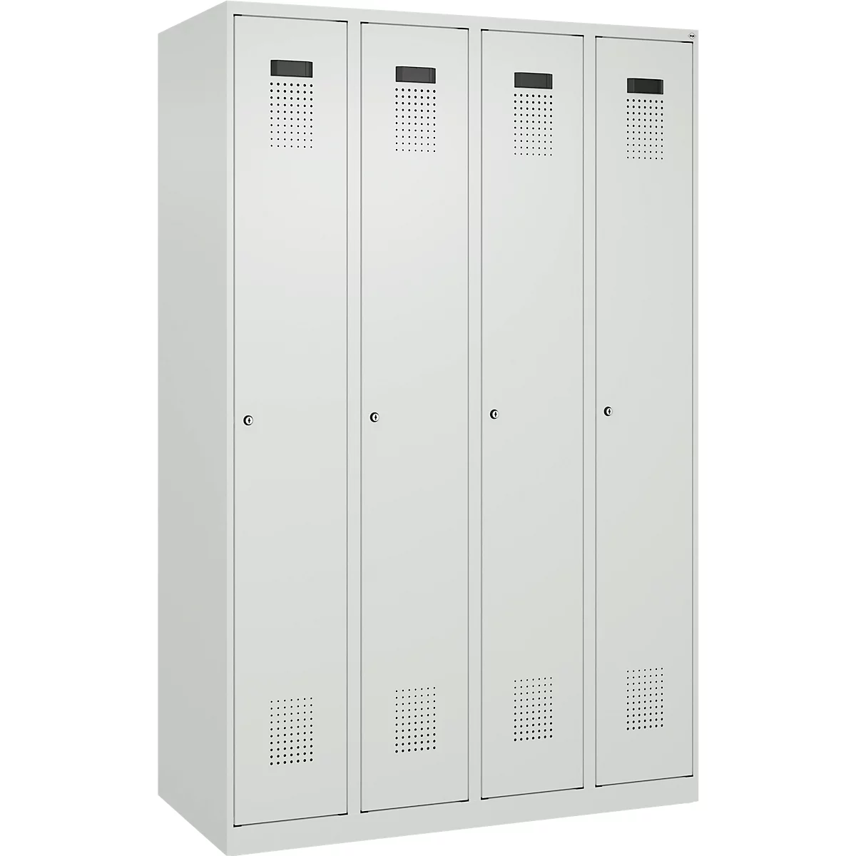 Vestiaire C+P Evolo Plus, 4 compartiments, charnières à droite, serrure à cylindre, butée soft, L 1200 x P 500 x H 1850 mm, gris clair/gris clair