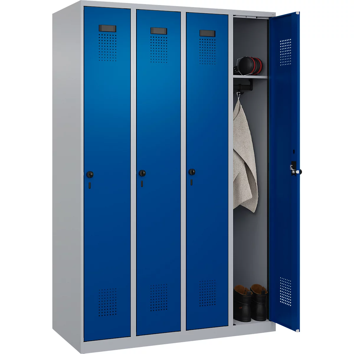 Vestiaire C+P Evolo Plus, 4 compartiments, charnières à droite, verrou rotatif de sécurité, L 1200 x P 500 x H 1850 mm, aluminium blanc/bleu gentiane
