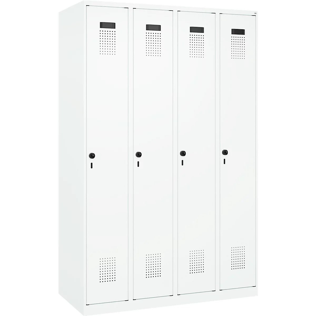 Vestiaire C+P Evolo Plus, 4 compartiments, charnières à droite, verrou rotatif de sécurité, L 1200 x P 500 x H 1850 mm, blanc signalisation/blanc trafic