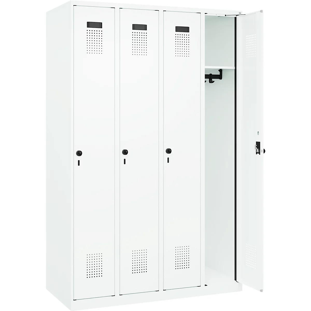 Vestiaire C+P Evolo Plus, 4 compartiments, charnières à droite, verrou rotatif de sécurité, L 1200 x P 500 x H 1850 mm, blanc signalisation/blanc trafic