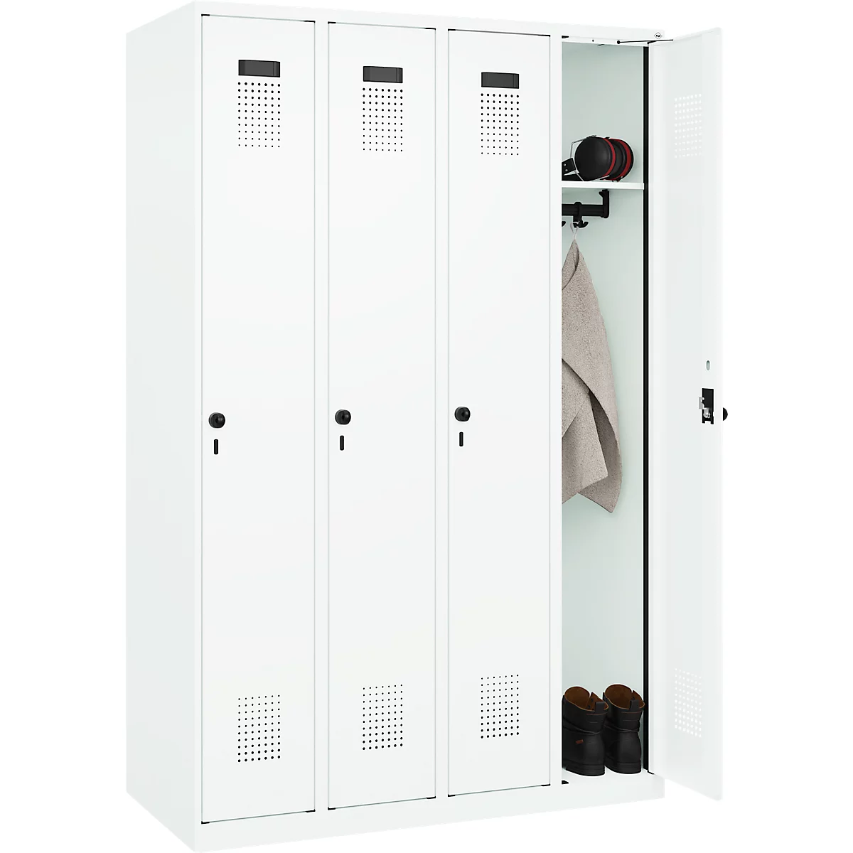 Vestiaire C+P Evolo Plus, 4 compartiments, charnières à droite, verrou rotatif de sécurité, L 1200 x P 500 x H 1850 mm, blanc signalisation/blanc trafic