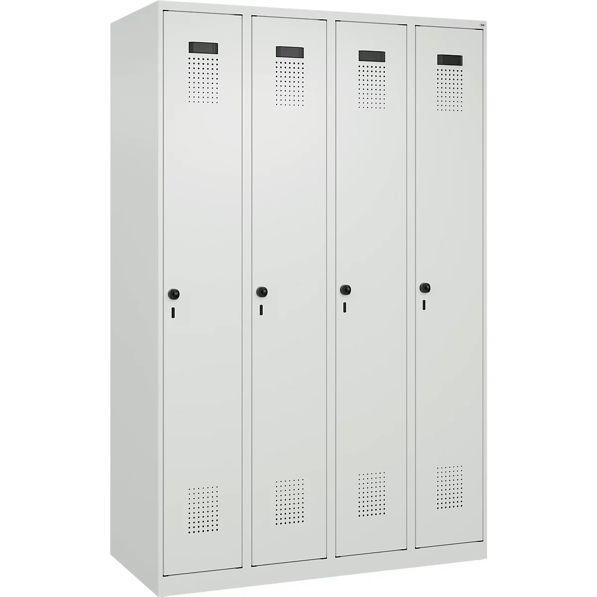 Vestiaire C+P Evolo Plus, 4 compartiments, charnières à droite, verrou rotatif de sécurité, L 1200 x P 500 x H 1850 mm, gris clair/gris clair