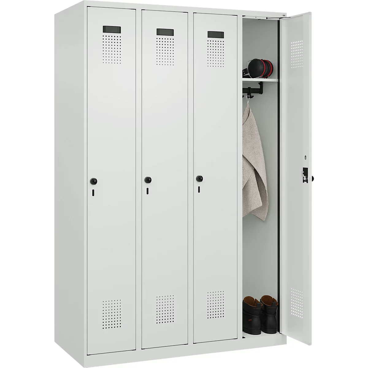 Vestiaire C+P Evolo Plus, 4 compartiments, charnières à droite, verrou rotatif de sécurité, L 1200 x P 500 x H 1850 mm, gris clair/gris clair