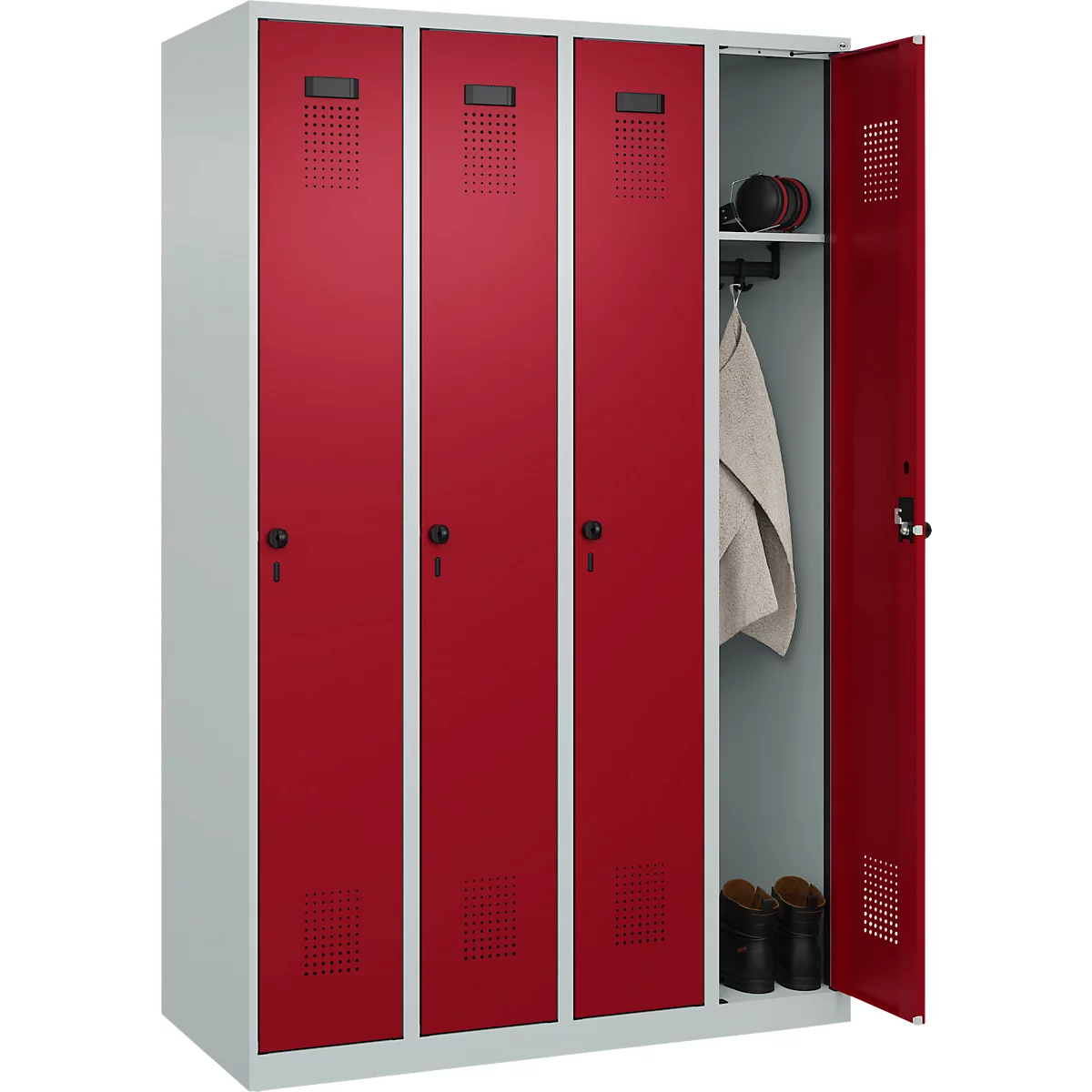 Vestiaire C+P Evolo Plus, 4 compartiments, charnières à droite, verrou rotatif de sécurité, L 1200 x P 500 x H 1850 mm, gris clair/rouge rubis