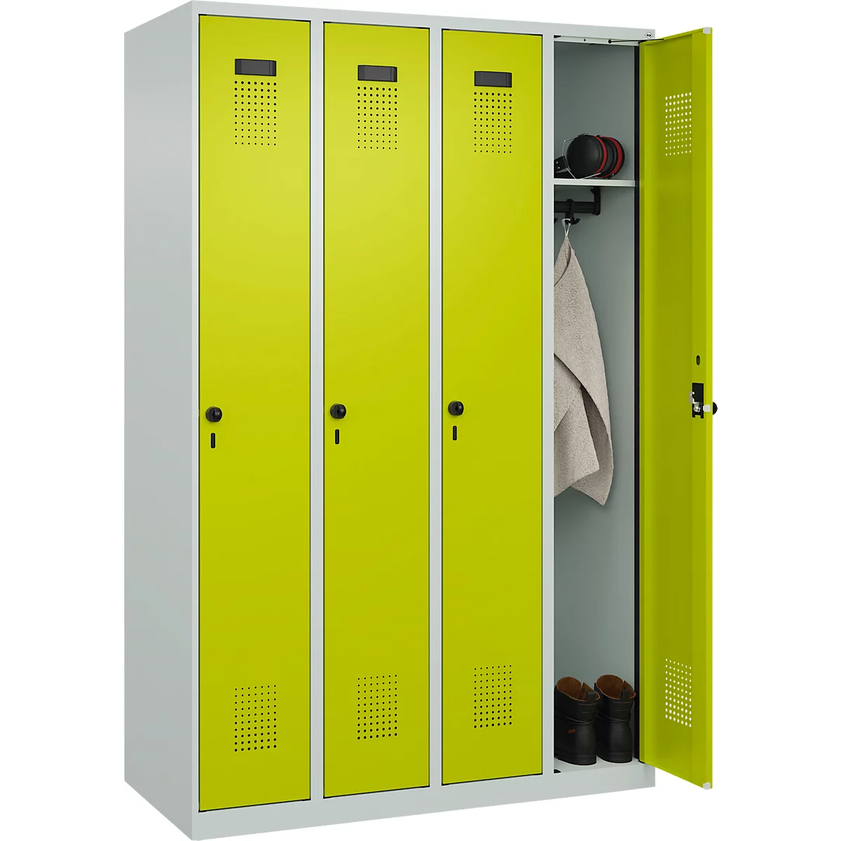 Vestiaire C+P Evolo Plus, 4 compartiments, charnières à droite, verrou rotatif de sécurité, L 1200 x P 500 x H 1850 mm, gris clair/vert clown