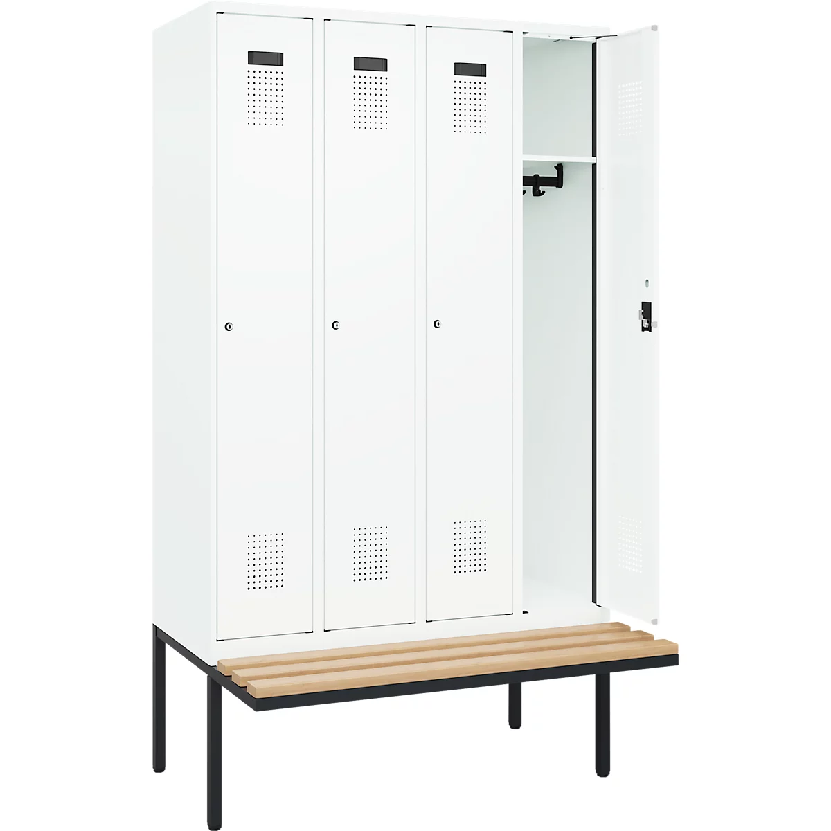 Vestiaire C+P Evolo Plus, 4 compartiments de 300 mm de large, banquette flottante, L 1200 x P 815 x H 2120 mm, cylindre, blanc signalisation/blanc trafic