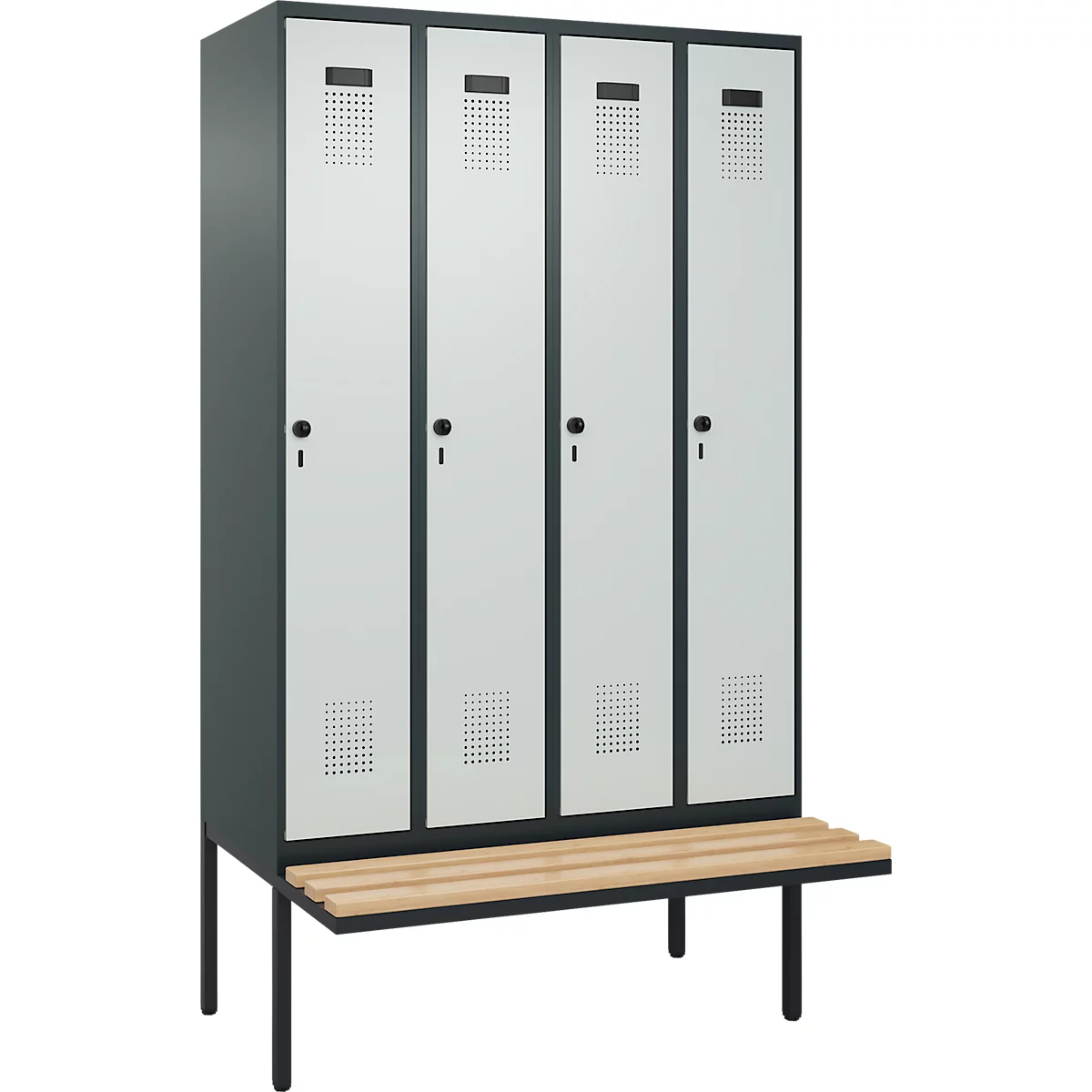 Vestiaire C+P Evolo Plus, 4 compartiments de 300 mm de large, banquette flottante, L 1200 x P 815 x H 2120 mm, loquet rotatif, gris anthracite/gris clair