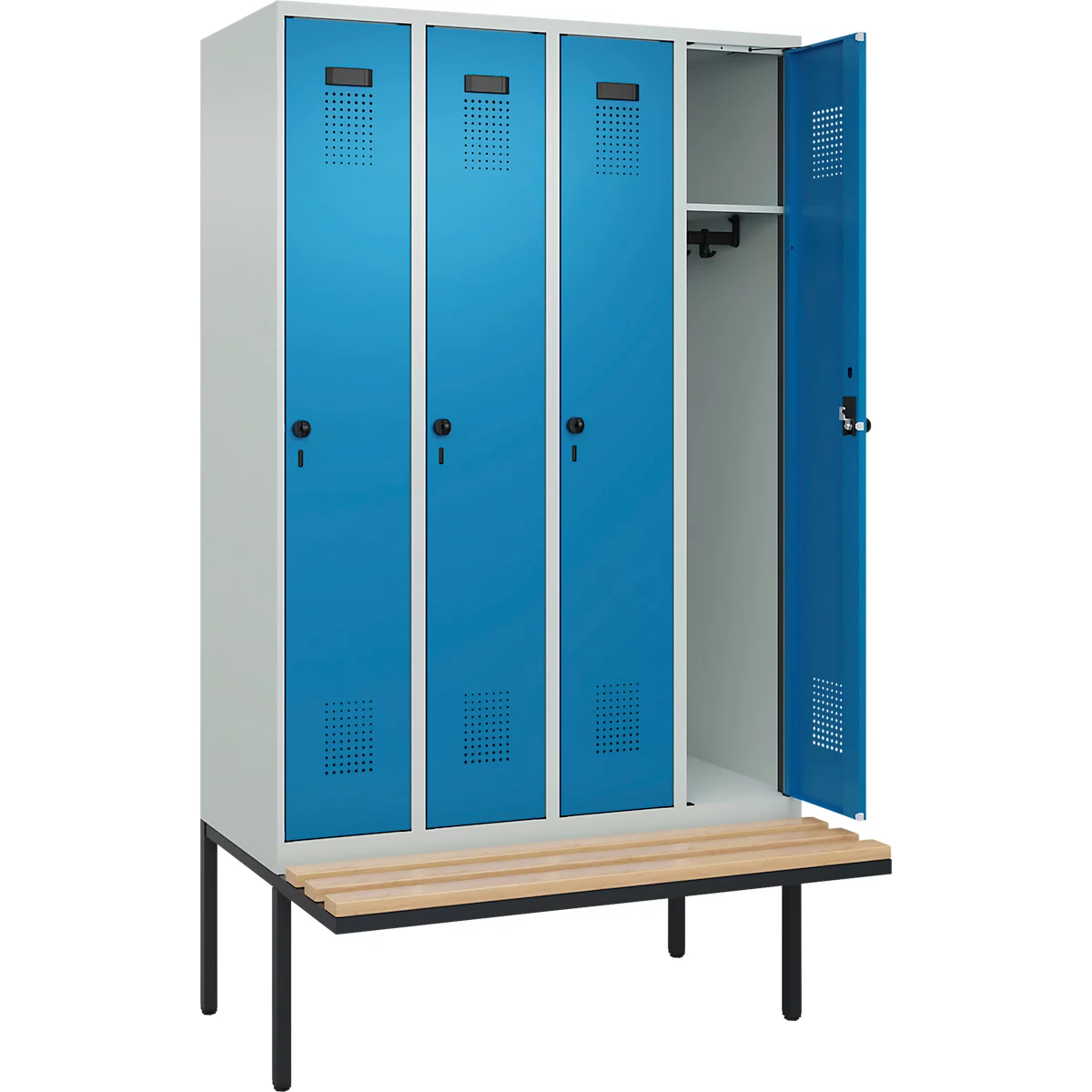 Vestiaire C+P Evolo Plus, 4 compartiments de 300 mm de large, banquette flottante, L 1200 x P 815 x H 2120 mm, loquet rotatif, gris clair/bleu clair