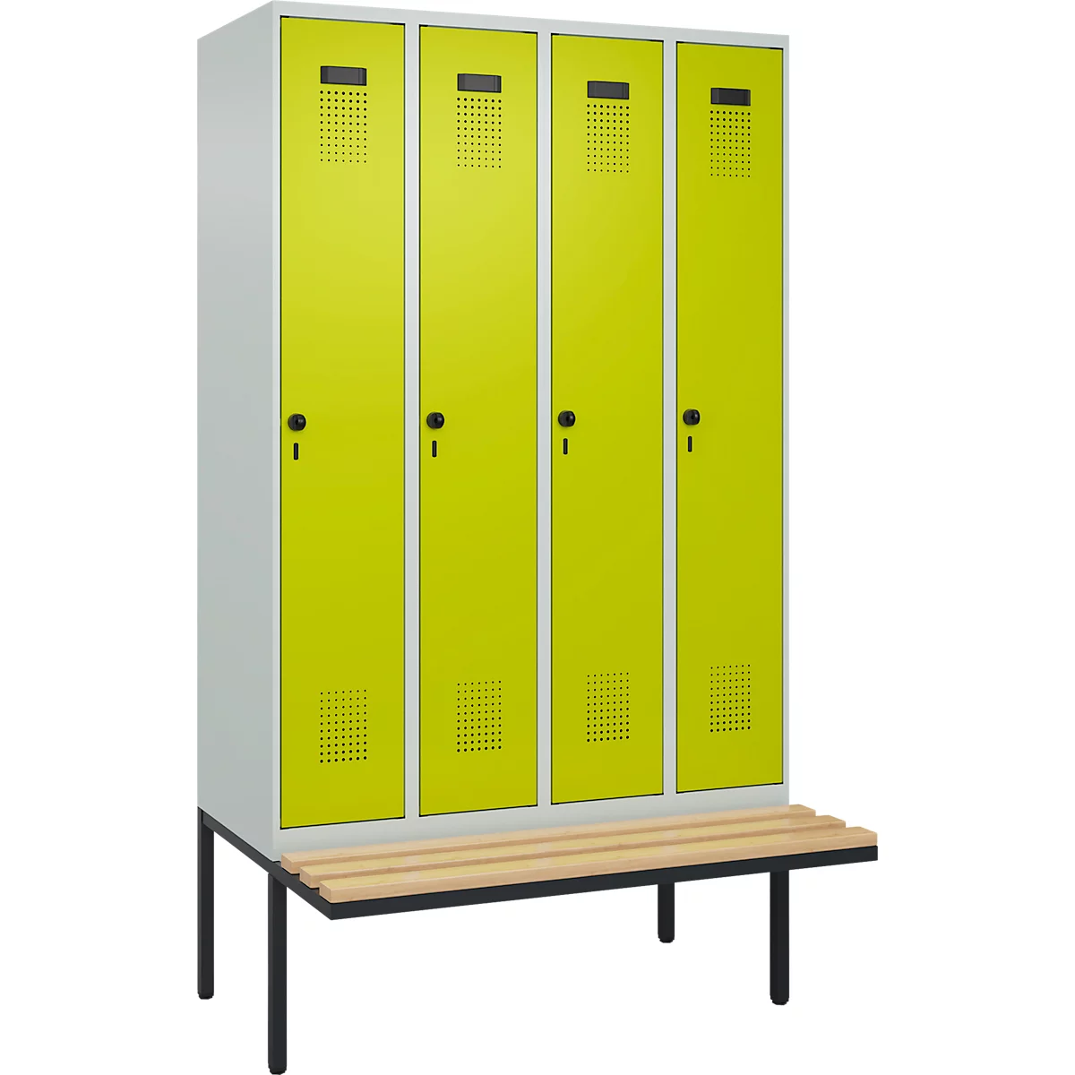 Vestiaire C+P Evolo Plus, 4 compartiments de 300 mm de large, banquette flottante, L 1200 x P 815 x H 2120 mm, loquet rotatif, gris clair/vert clown