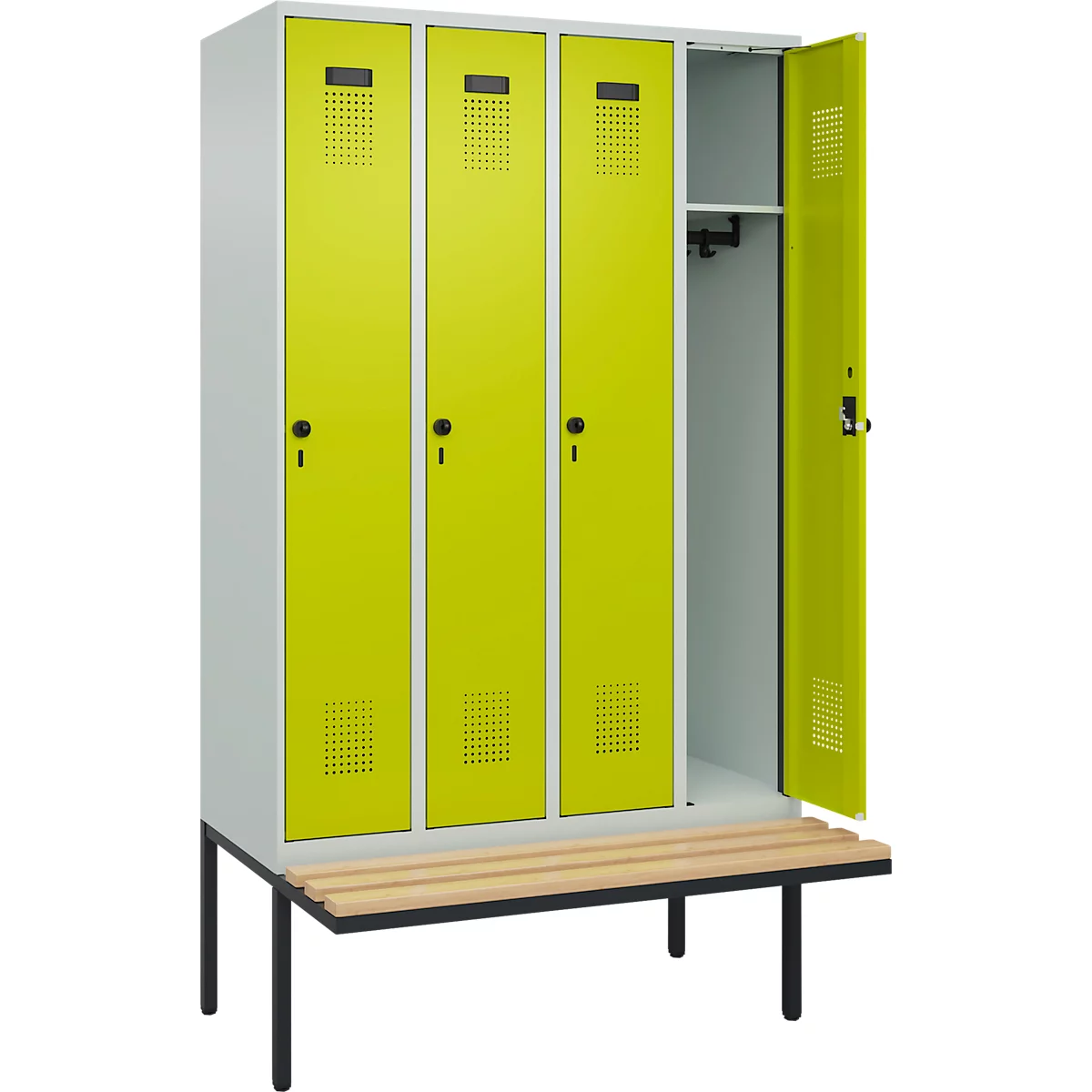 Vestiaire C+P Evolo Plus, 4 compartiments de 300 mm de large, banquette flottante, L 1200 x P 815 x H 2120 mm, loquet rotatif, gris clair/vert clown