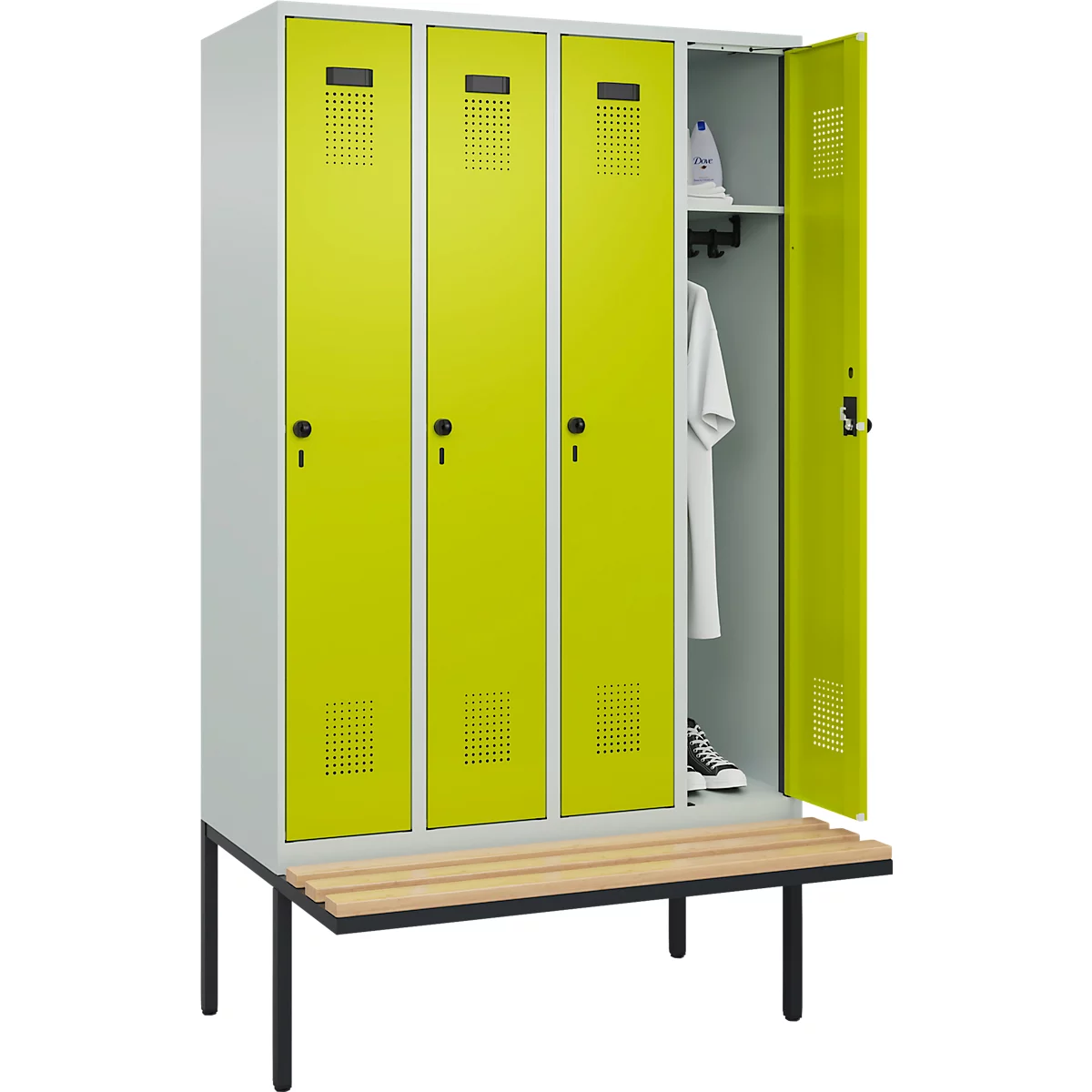 Vestiaire C+P Evolo Plus, 4 compartiments de 300 mm de large, banquette flottante, L 1200 x P 815 x H 2120 mm, loquet rotatif, gris clair/vert clown