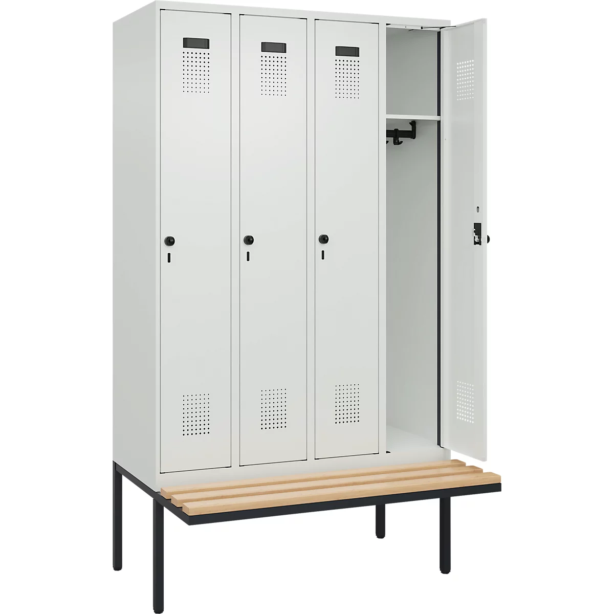 Vestiaire C+P Evolo Plus, 4 compartiments de 300 mm de large, banquette flottante, L 1200 x P 815 x H 2120 mm, verrou rotatif, gris clair/gris clair