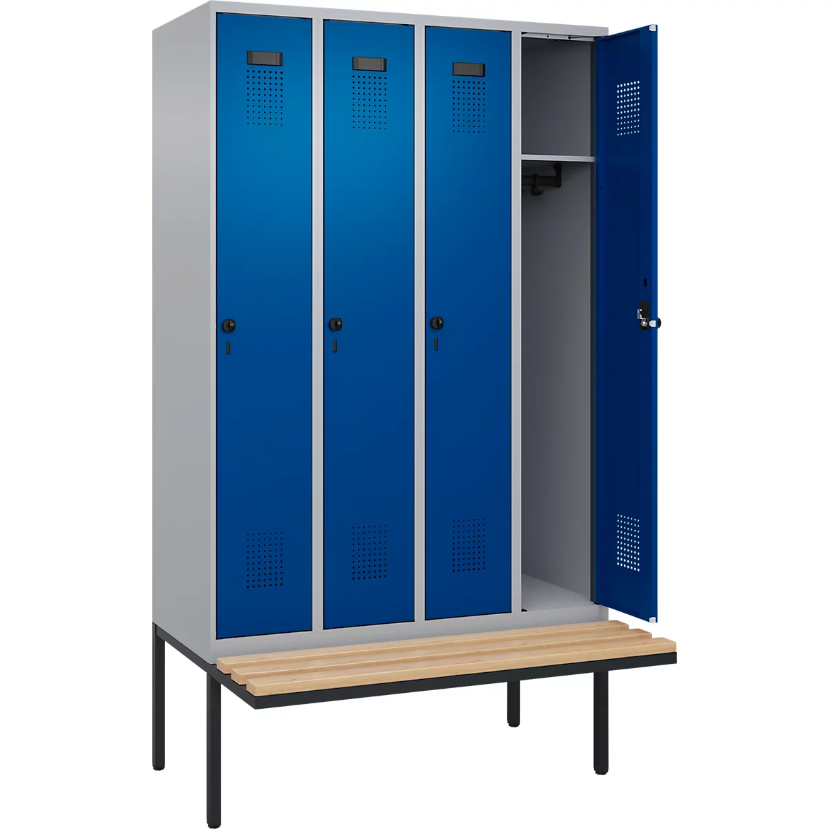 Vestiaire C+P Evolo Plus, 4 compartiments de 300 mm de large, banquette flottante, L 1200 x P 815 x H 2120 mm, verrou tournant, aluminium blanc/bleu gentiane