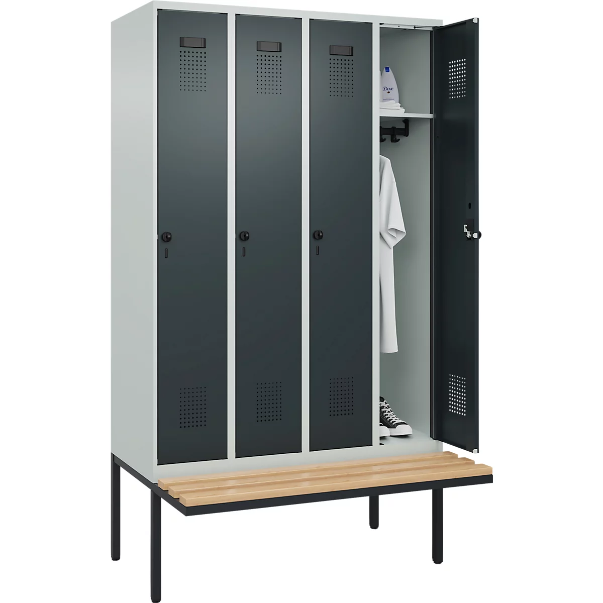 Vestiaire C+P Evolo Plus, 4 compartiments de 300 mm de large, banquette flottante, L 1200 x P 815 x H 2120 mm, verrou tournant, gris clair/anthracite