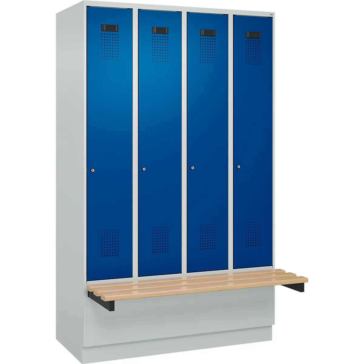 Vestiaire C+P Evolo Plus, 4 compartiments de 300 mm de large, socle, banquette flottante, L 1200 x P 815 x H 1950 mm, cylindre, gris clair/bleu gentiane