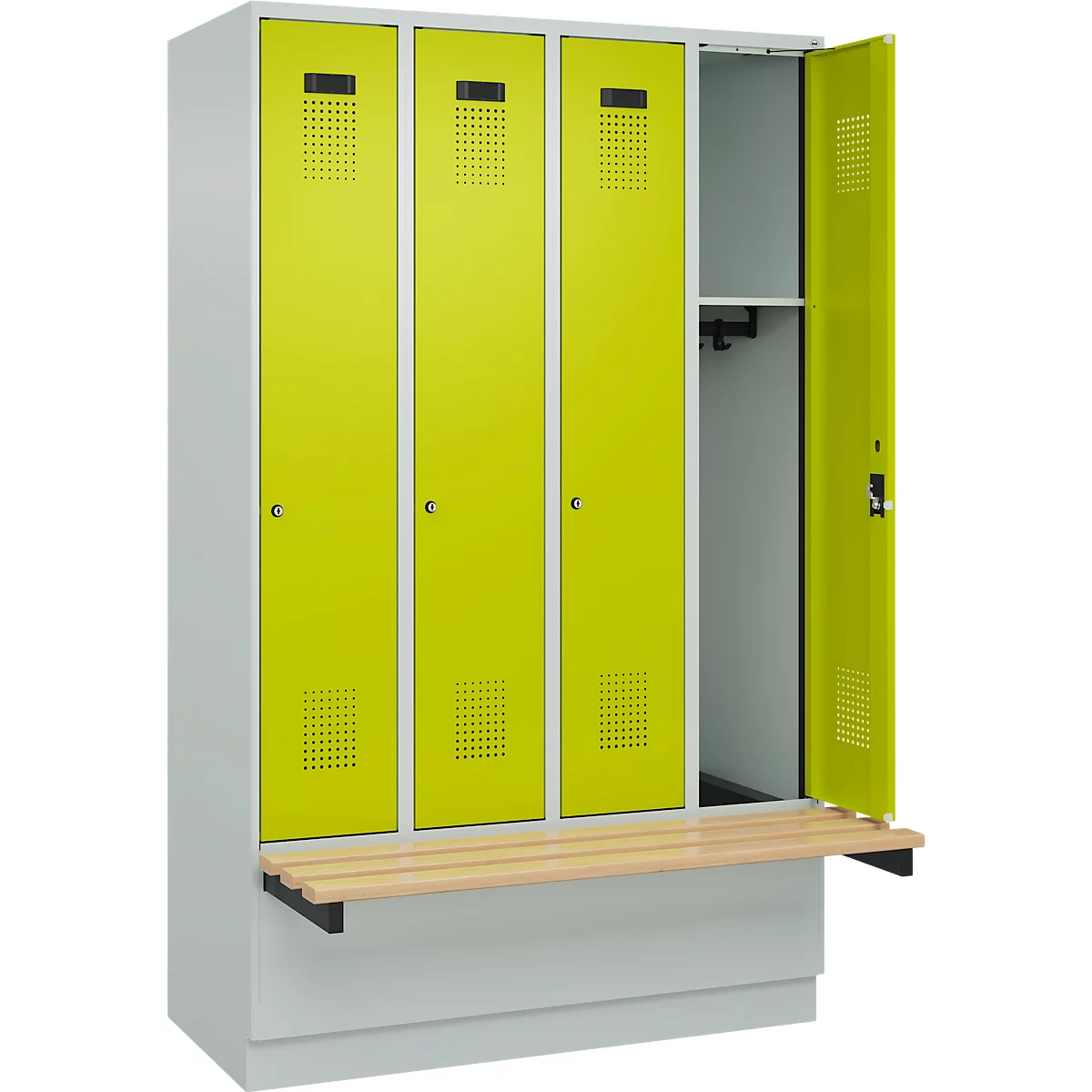 Vestiaire C+P Evolo Plus, 4 compartiments de 300 mm de large, socle, banquette flottante, L 1200 x P 815 x H 1950 mm, cylindre, gris clair/vert clown
