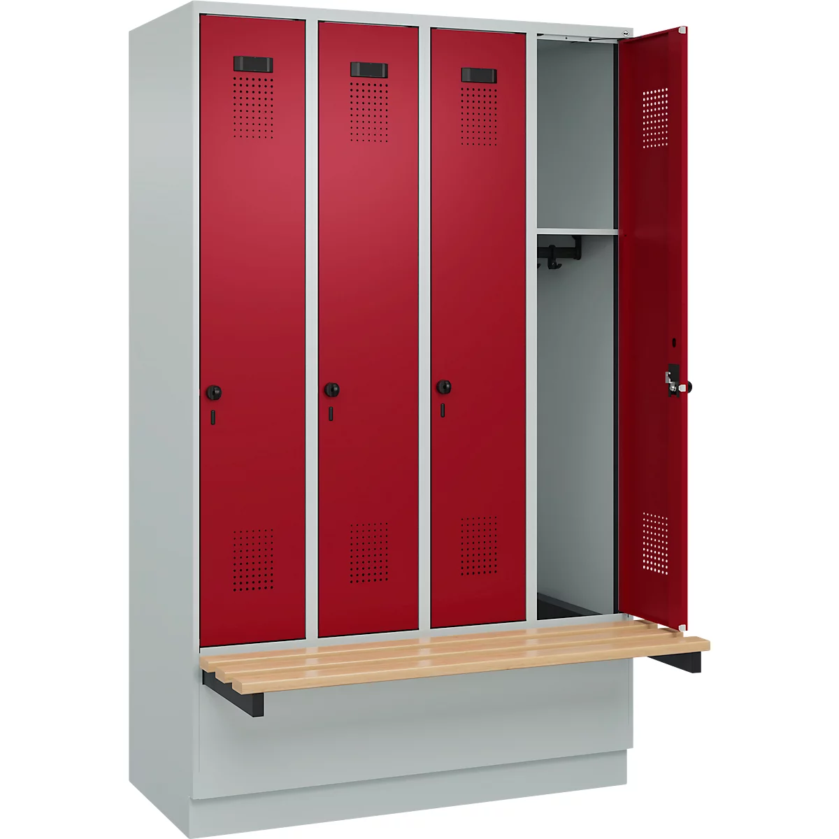 Vestiaire C+P Evolo Plus, 4 compartiments de 300 mm de large, socle, banquette flottante, L 1200 x P 815 x H 1950 mm, loquet rotatif, gris clair/rouge rubis