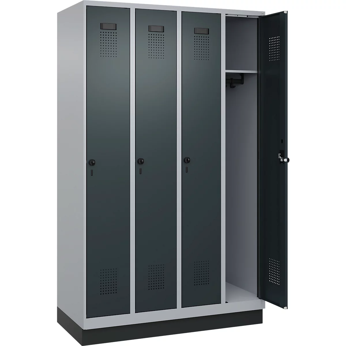 Vestiaire C+P Evolo Plus, 4 compartiments, largeur de compartiment 300 mm, avec socle, butée à droite, butée Soft, anti-effraction, L 1200 x P 500 x H 1950 mm, fermeture de sécurité à pêne rotatif, aluminium blanc RAL 9006/gris anthracite RAL 7016