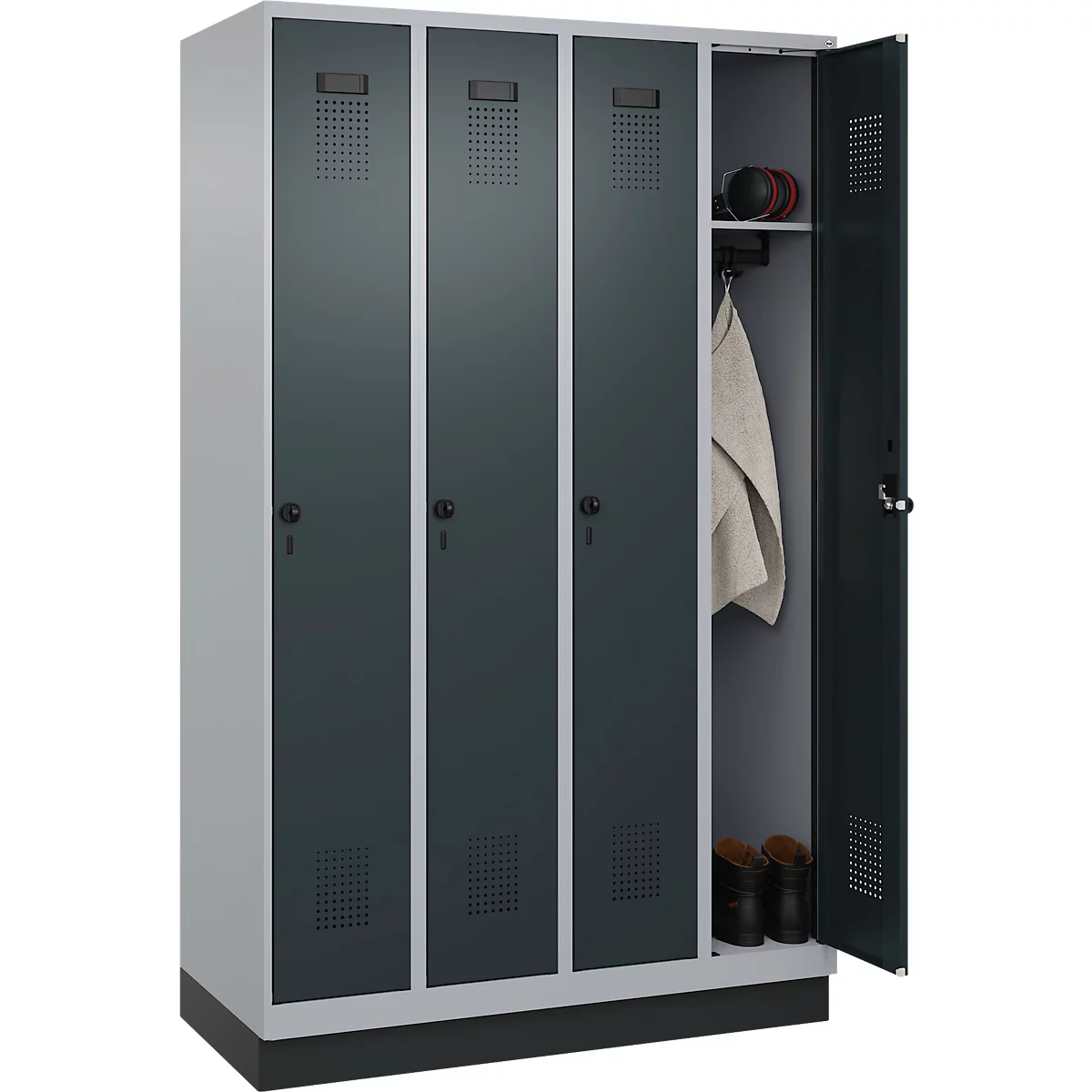Vestiaire C+P Evolo Plus, 4 compartiments, largeur de compartiment 300 mm, avec socle, butée à droite, butée Soft, anti-effraction, L 1200 x P 500 x H 1950 mm, fermeture de sécurité à pêne rotatif, aluminium blanc RAL 9006/gris anthracite RAL 7016