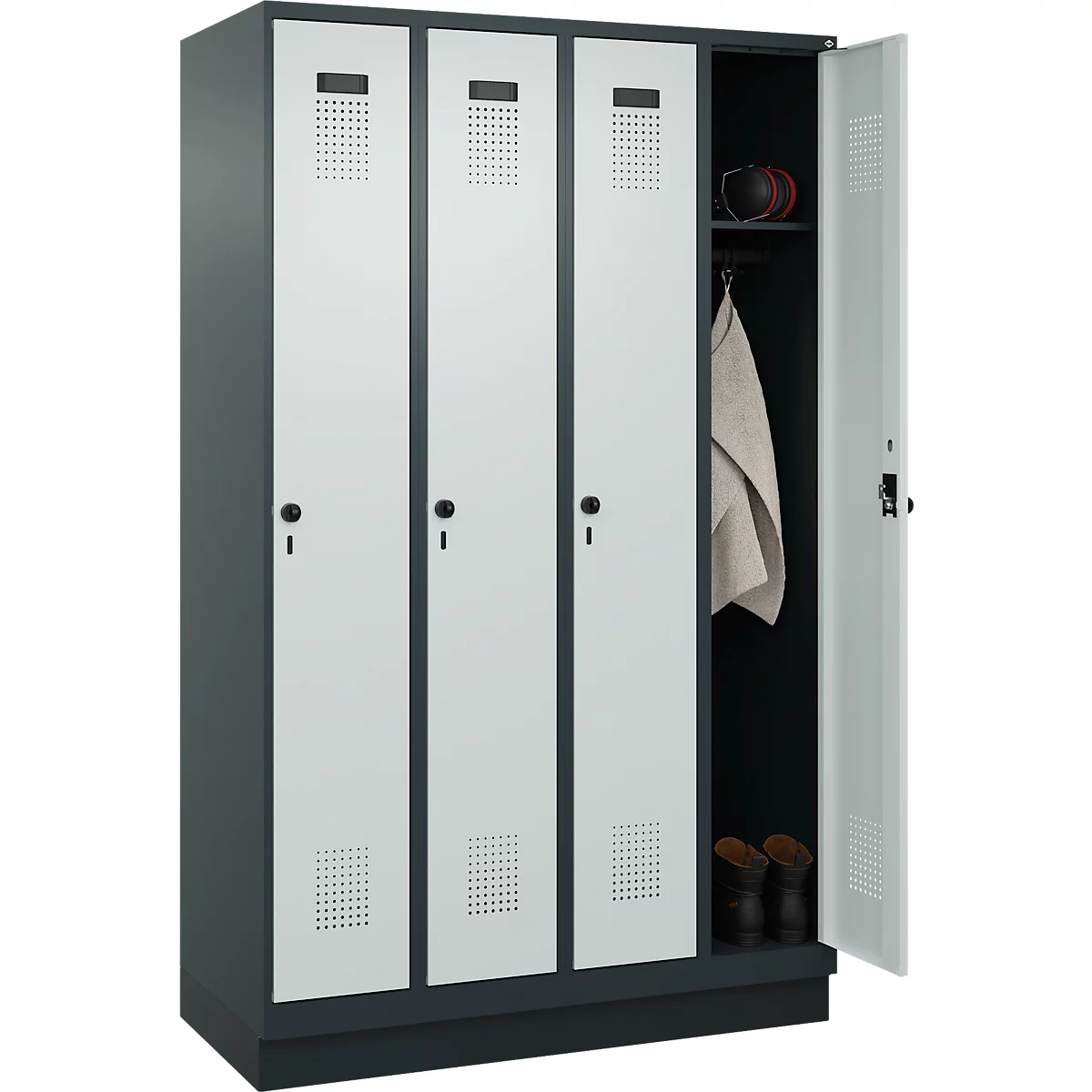 Vestiaire C+P Evolo Plus, 4 compartiments, largeur de compartiment 300 mm, avec socle, butée à droite, butée Soft, anti-effraction, L 1200 x P 500 x H 1950 mm, fermeture de sécurité à pêne rotatif, gris anthracite RAL 7016/gris clair RAL 7035