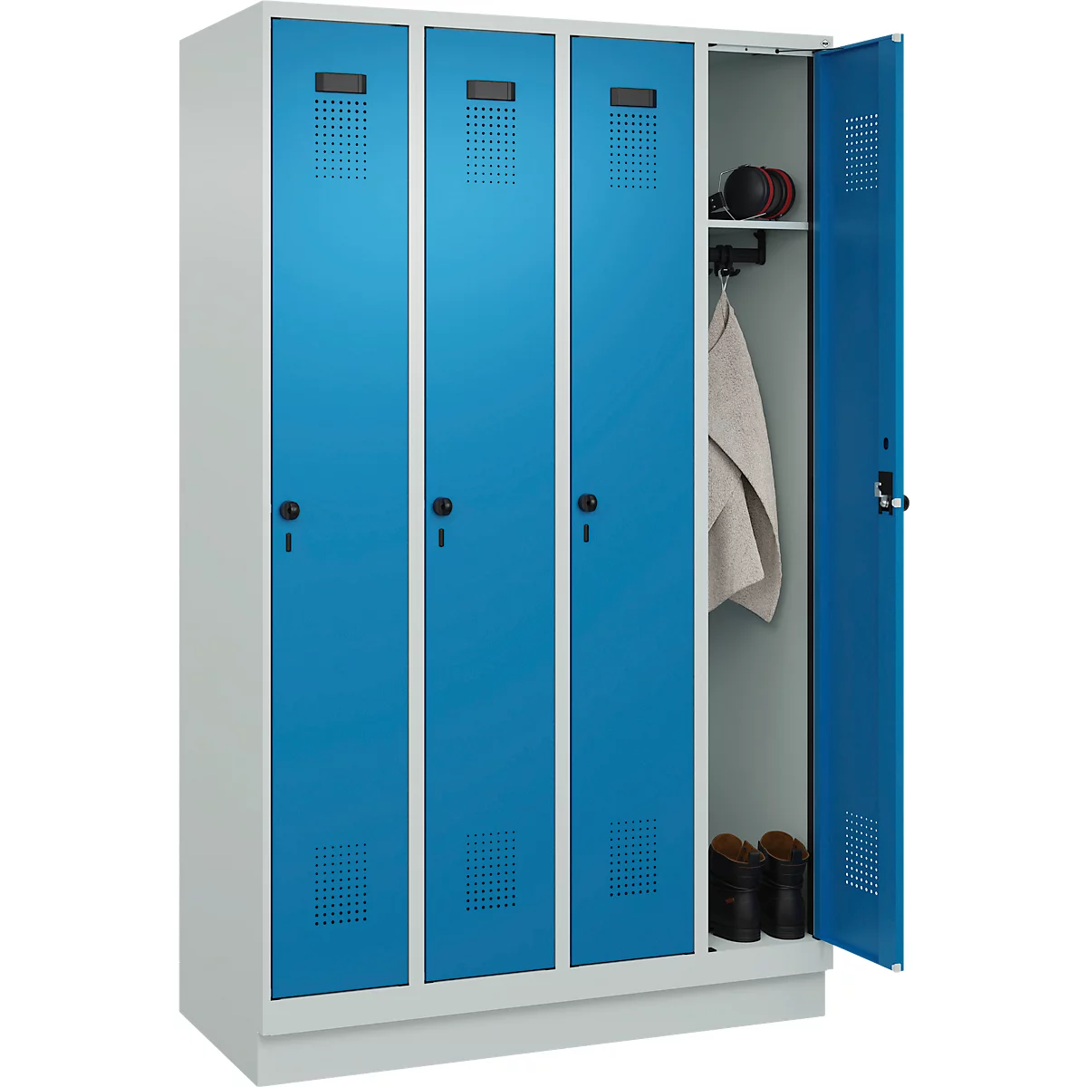 Vestiaire C+P Evolo Plus, 4 compartiments, largeur de compartiment 300 mm, avec socle, butée à droite, butée Soft, anti-effraction, L 1200 x P 500 x H 1950 mm, fermeture de sécurité à pêne rotatif, gris clair RAL 7035/bleu clair RAL 5012