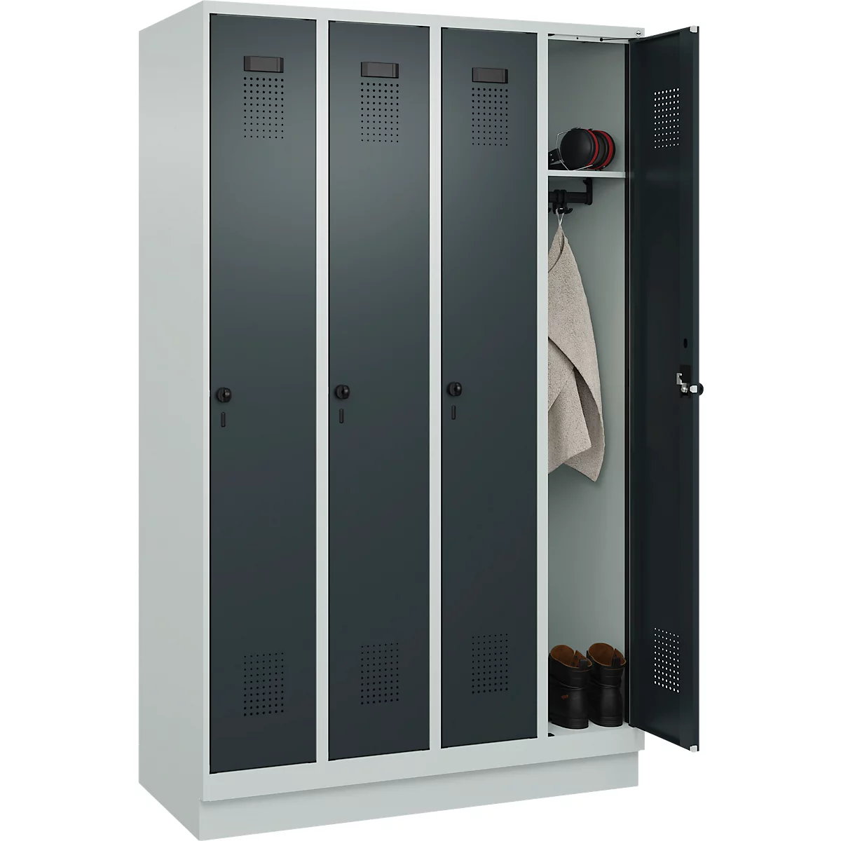 Vestiaire C+P Evolo Plus, 4 compartiments, largeur de compartiment 300 mm, avec socle, butée à droite, butée Soft, anti-effraction, L 1200 x P 500 x H 1950 mm, fermeture de sécurité à pêne rotatif, gris clair RAL 7035/gris anthracite RAL 7016