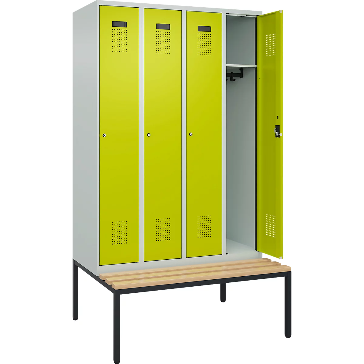 Vestiaire C+P Evolo Plus, 4 compartiments, largeur des compartiments 300 mm, avec banc encastré, L 1200 x P 815 x H 2120 mm, cylindre, gris clair/vert clown