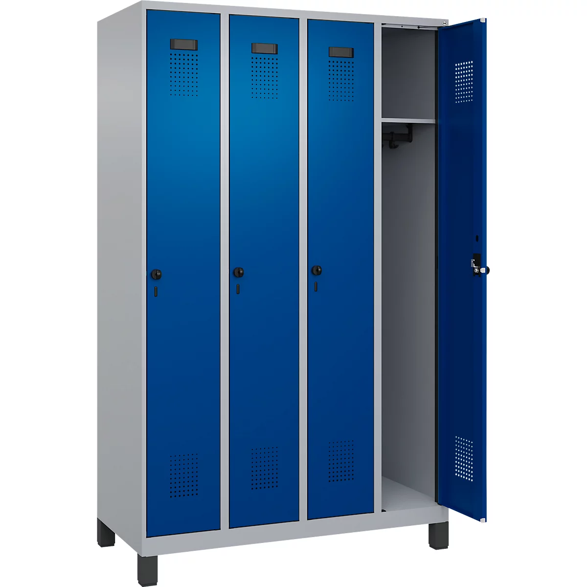 Vestiaire C+P Evolo Plus, 4 compartiments, largeur des compartiments 300 mm, avec pieds, butée à droite, verrou rotatif de sécurité, butée soft, anti-effraction, L 1200 x P 500 x H 1950 mm, aluminium blanc RAL 9006/bleu gentiane RAL 5010