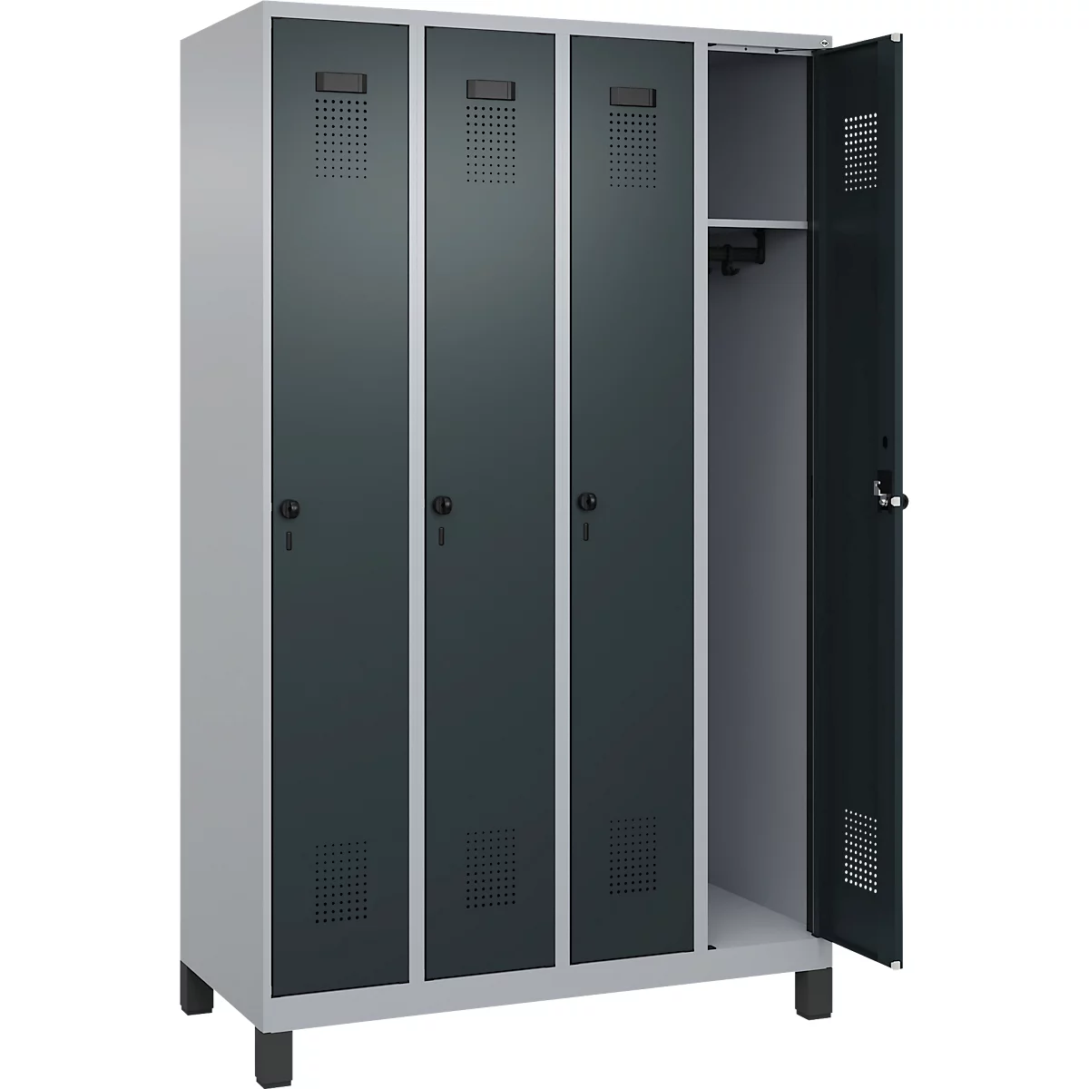 Vestiaire C+P Evolo Plus, 4 compartiments, largeur des compartiments 300 mm, avec pieds, butée à droite, verrou rotatif de sécurité, butée Soft, anti-effraction, L 1200 x P 500 x H 1950 mm, aluminium blanc RAL 9006/gris anthracite RAL 7016