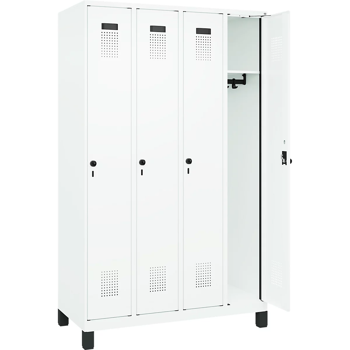 Vestiaire C+P Evolo Plus, 4 compartiments, largeur des compartiments 300 mm, avec pieds, butée à droite, verrou rotatif de sécurité, butée soft, anti-effraction, L 1200 x P 500 x H 1950 mm, blanc trafic RAL 9016/blanc trafic RAL 9016