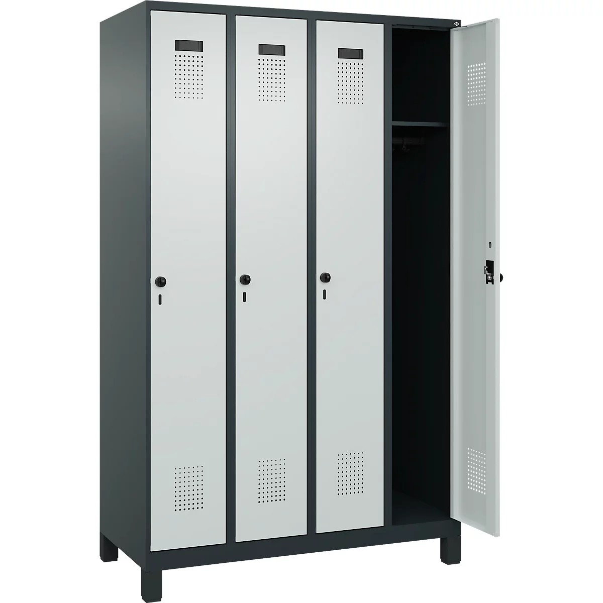 Vestiaire C+P Evolo Plus, 4 compartiments, largeur des compartiments 300 mm, avec pieds, butée à droite, verrou rotatif de sécurité, butée Soft, anti-effraction, L 1200 x P 500 x H 1950 mm, gris anthracite RAL 7016/gris clair RAL 7035