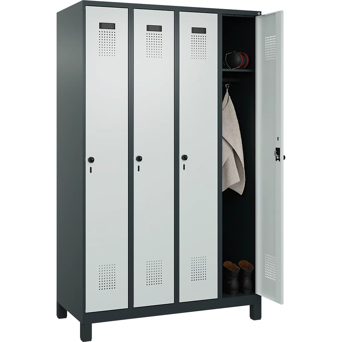 Vestiaire C+P Evolo Plus, 4 compartiments, largeur des compartiments 300 mm, avec pieds, butée à droite, verrou rotatif de sécurité, butée Soft, anti-effraction, L 1200 x P 500 x H 1950 mm, gris anthracite RAL 7016/gris clair RAL 7035