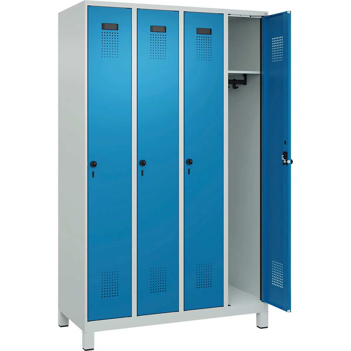 Vestiaire C+P Evolo Plus, 4 compartiments, largeur des compartiments 300 mm, avec pieds, butée à droite, verrou rotatif de sécurité, butée Soft, anti-effraction, L 1200 x P 500 x H 1950 mm, gris clair RAL 7035/bleu clair RAL 5012