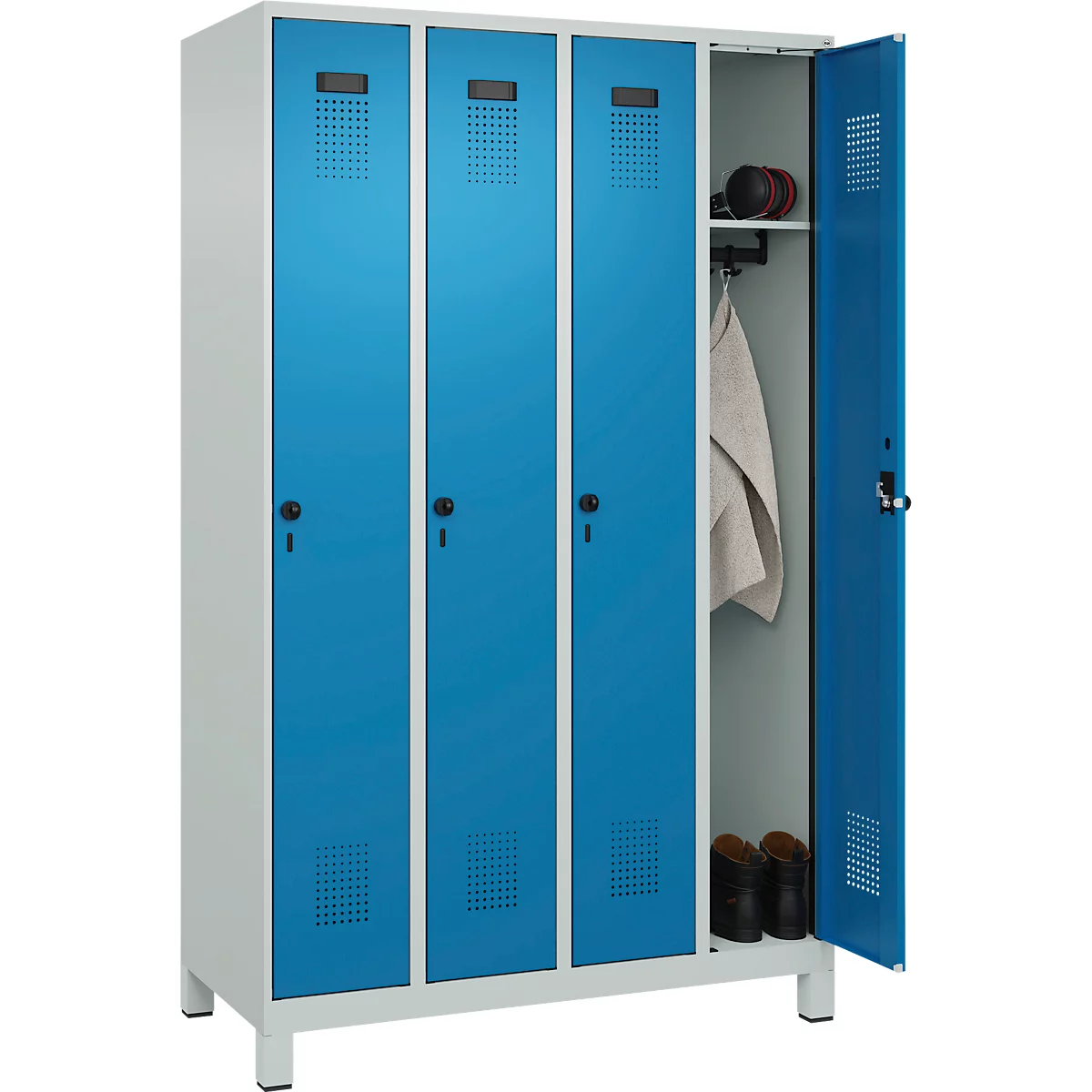 Vestiaire C+P Evolo Plus, 4 compartiments, largeur des compartiments 300 mm, avec pieds, butée à droite, verrou rotatif de sécurité, butée Soft, anti-effraction, L 1200 x P 500 x H 1950 mm, gris clair RAL 7035/bleu clair RAL 5012