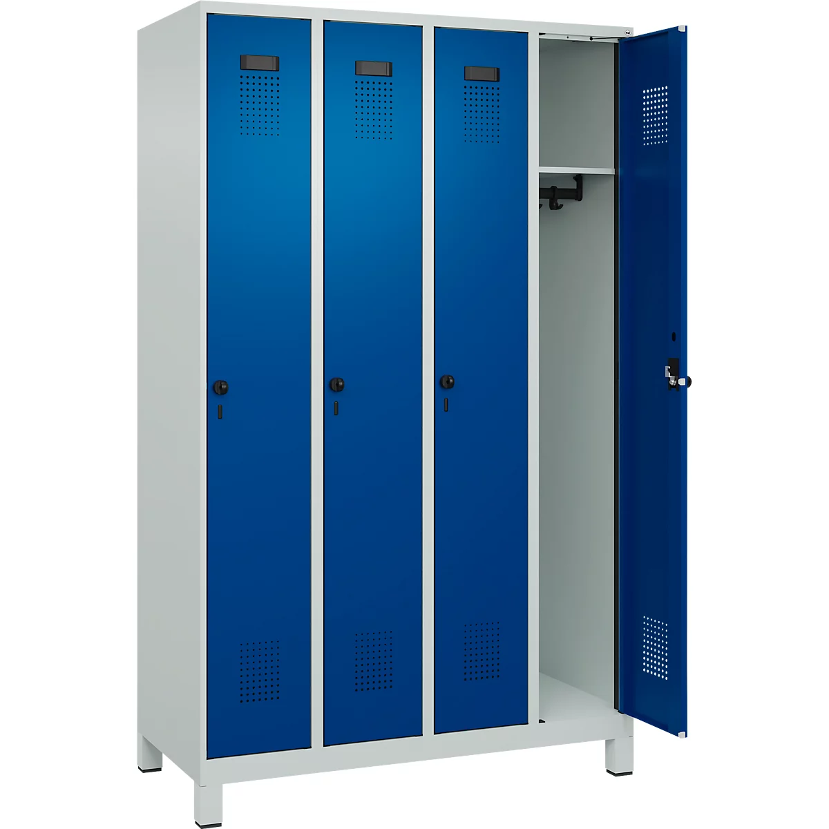 Vestiaire C+P Evolo Plus, 4 compartiments, largeur des compartiments 300 mm, avec pieds, butée à droite, verrou rotatif de sécurité, butée Soft, anti-effraction, L 1200 x P 500 x H 1950 mm, gris clair RAL 7035/bleu gentiane RAL 5010