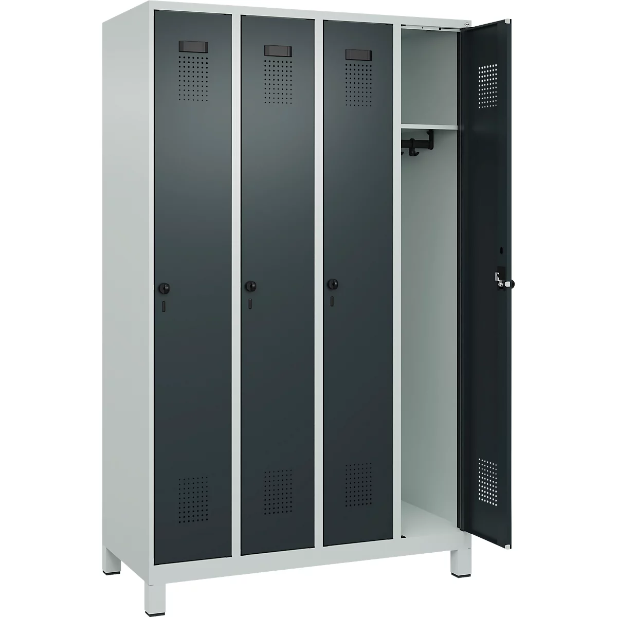 Vestiaire C+P Evolo Plus, 4 compartiments, largeur des compartiments 300 mm, avec pieds, butée à droite, verrou rotatif de sécurité, butée Soft, anti-effraction, L 1200 x P 500 x H 1950 mm, gris clair RAL 7035/gris anthracite RAL 7016