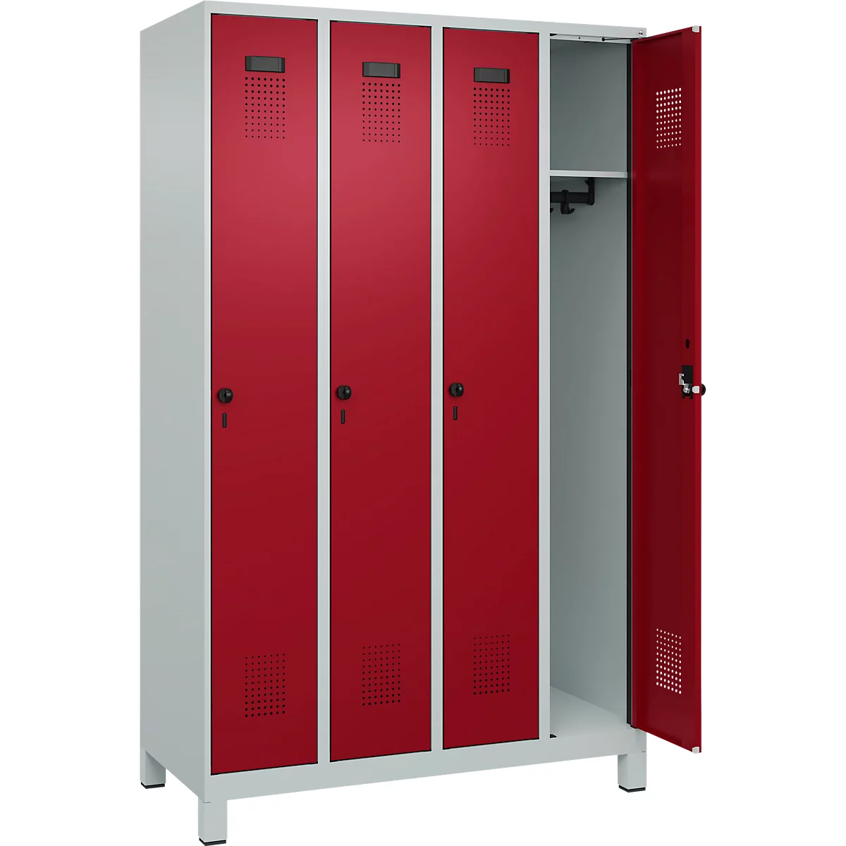 Vestiaire C+P Evolo Plus, 4 compartiments, largeur des compartiments 300 mm, avec pieds, butée à droite, verrou rotatif de sécurité, butée Soft, anti-effraction, L 1200 x P 500 x H 1950 mm, gris clair RAL 7035/rouge rubis RAL 3003