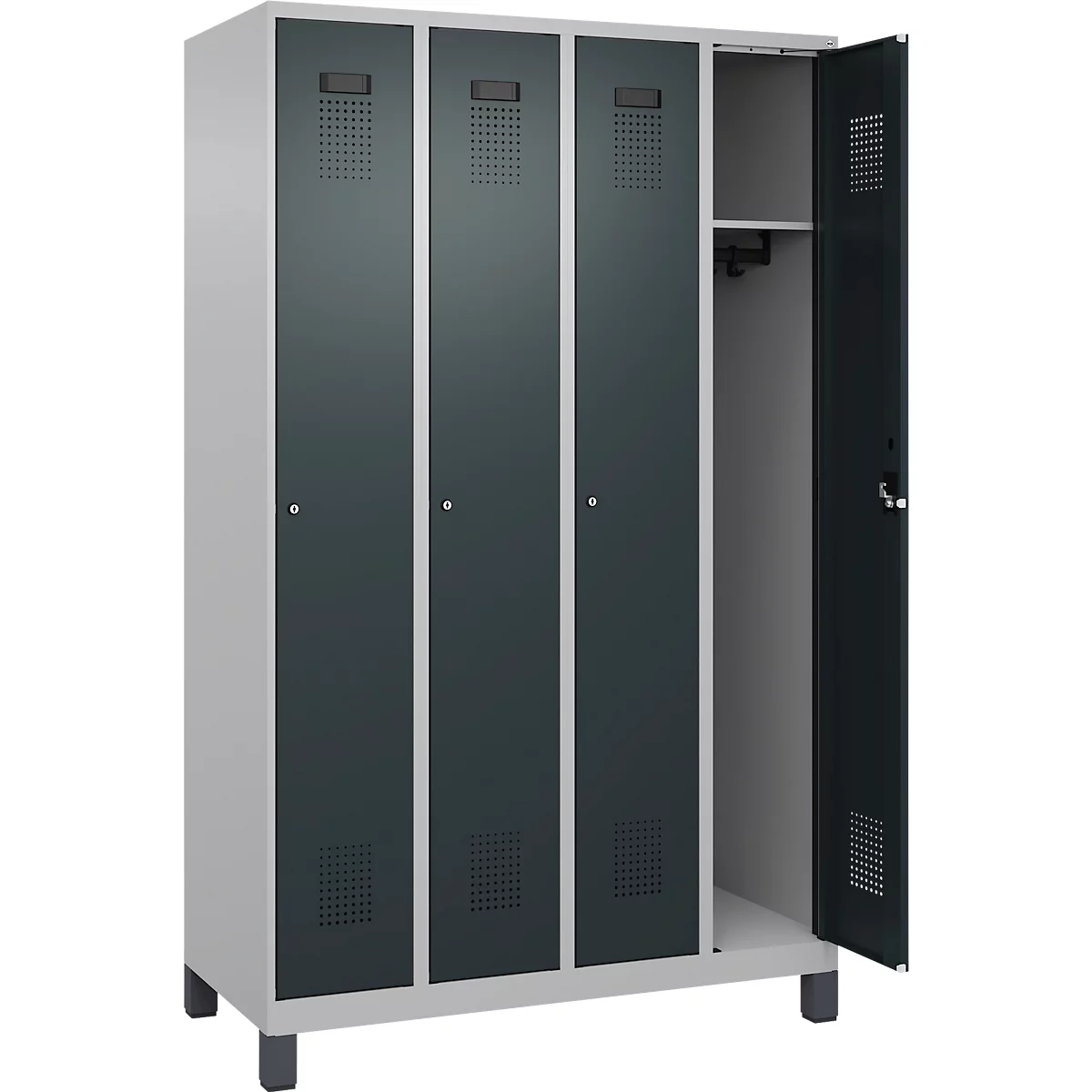Vestiaire C+P Evolo Plus, 4 compartiments, largeur des compartiments 300 mm, avec pieds, butée droite, serrure à cylindre, butée soft, anti-effraction, L 1200 x P 500 x H 1950 mm, aluminium blanc RAL 9006/gris anthracite RAL 7016