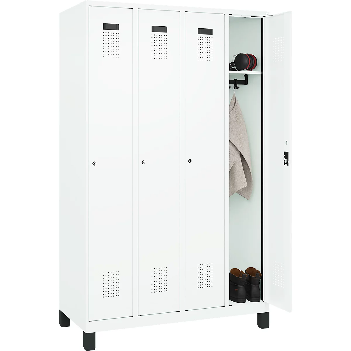 Vestiaire C+P Evolo Plus, 4 compartiments, largeur des compartiments 300 mm, avec pieds, butée droite, serrure à cylindre, butée soft, anti-effraction, L 1200 x P 500 x H 1950 mm, blanc trafic RAL 9016/blanc trafic RAL 9016