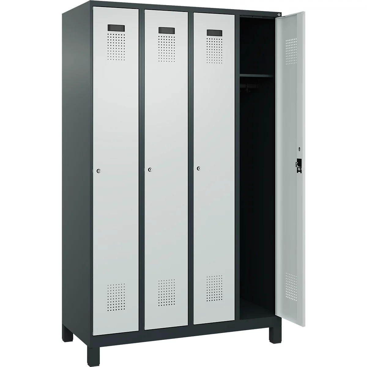 Vestiaire C+P Evolo Plus, 4 compartiments, largeur des compartiments 300 mm, avec pieds, butée droite, serrure à cylindre, butée soft, anti-effraction, L 1200 x P 500 x H 1950 mm, gris anthracite RAL 7016/gris clair RAL 7035