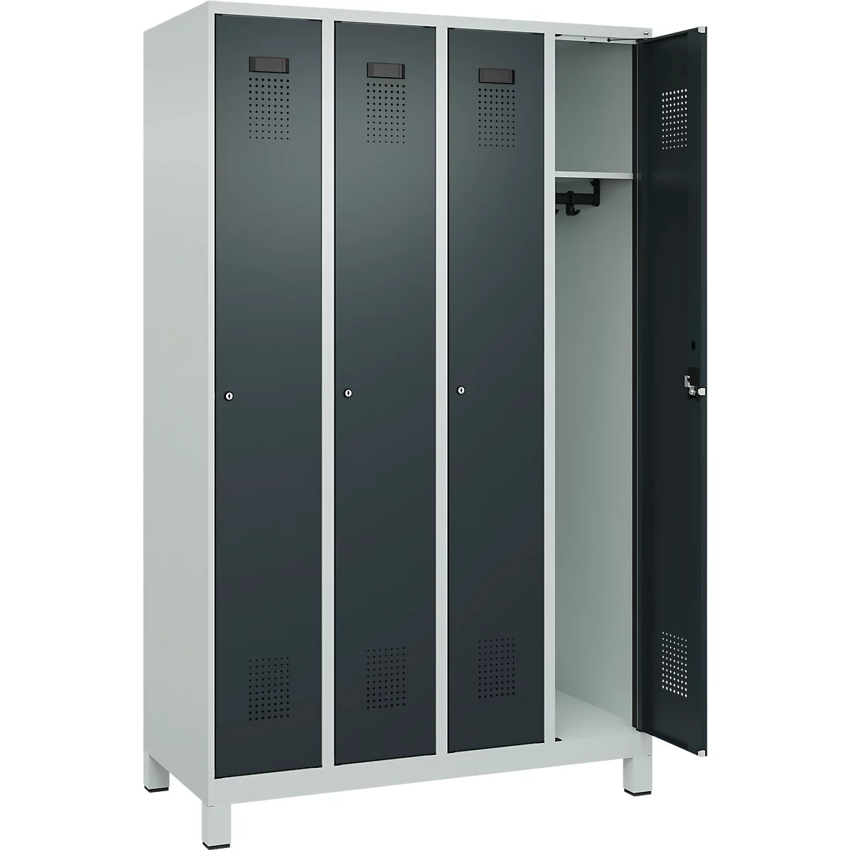 Vestiaire C+P Evolo Plus, 4 compartiments, largeur des compartiments 300 mm, avec pieds, butée droite, serrure à cylindre, butée soft, anti-effraction, L 1200 x P 500 x H 1950 mm, gris clair RAL 7035/gris anthracite RAL 7016