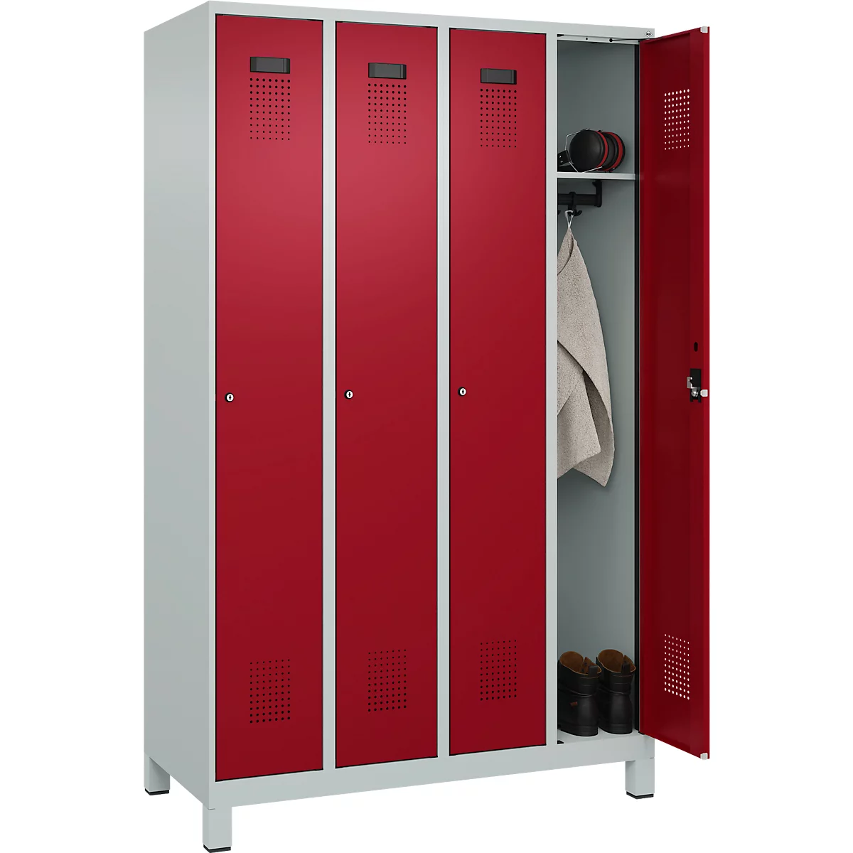 Vestiaire C+P Evolo Plus, 4 compartiments, largeur des compartiments 300 mm, avec pieds, butée droite, serrure à cylindre, butée soft, anti-effraction, L 1200 x P 500 x H 1950 mm, gris clair RAL 7035/rouge rubis RAL 3003