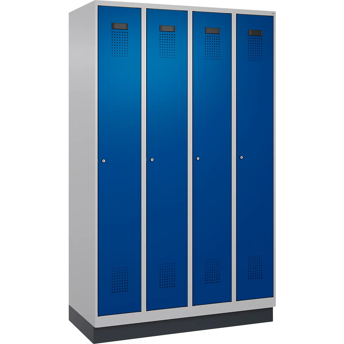 Vestiaire C+P Evolo Plus, 4 compartiments, largeur des compartiments 300 mm, avec socle, charnières à droite, L 1200 x P 500 x H 1950 mm, cylindre, aluminium blanc/bleu gentiane