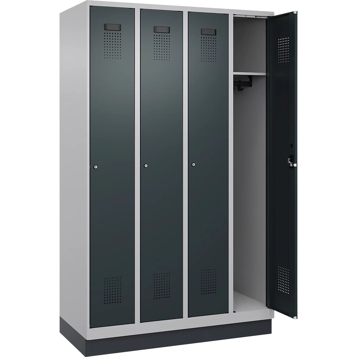 Vestiaire C+P Evolo Plus, 4 compartiments, largeur des compartiments 300 mm, avec socle, charnières à droite, L 1200 x P 500 x H 1950 mm, cylindre, aluminium blanc/gris anthracite