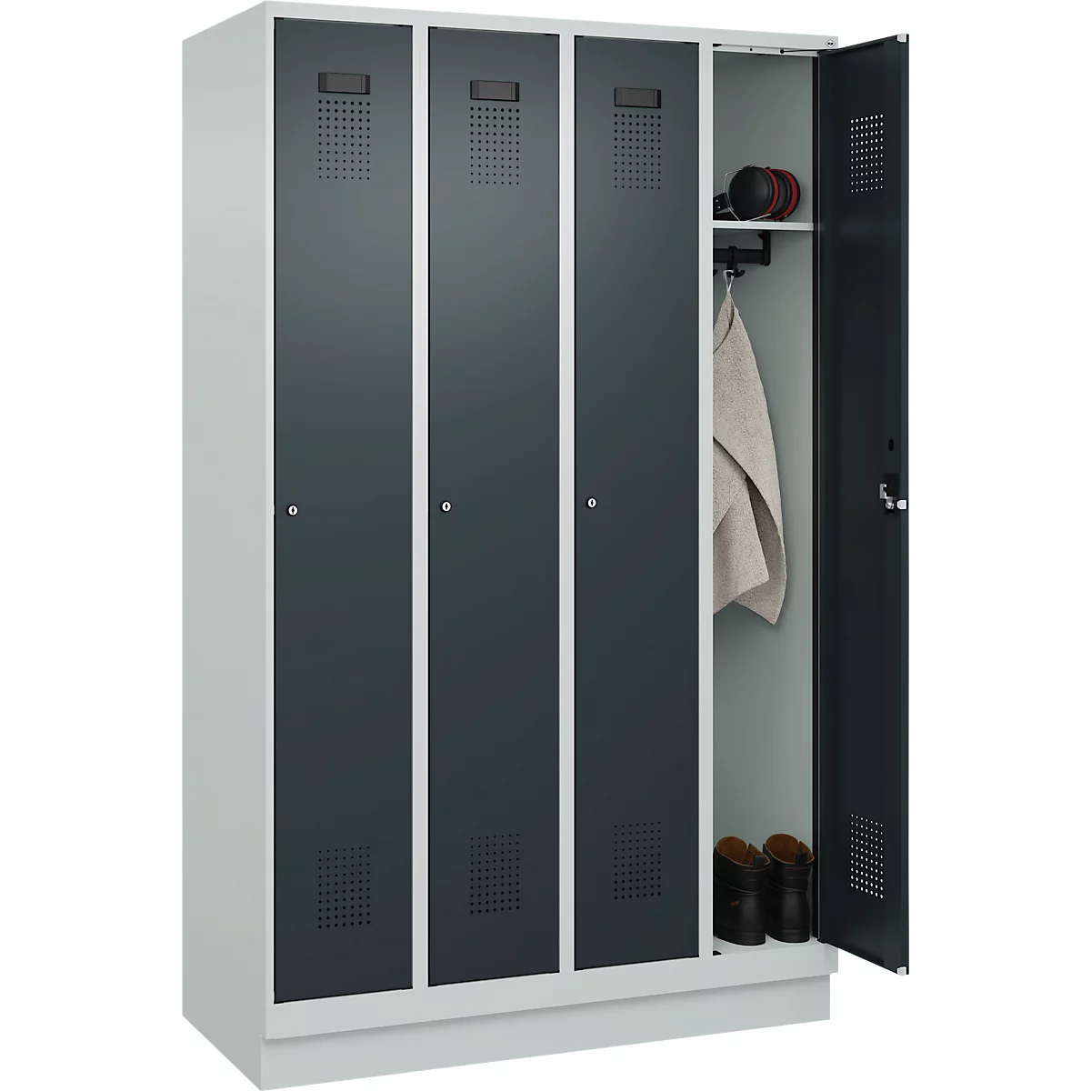 Vestiaire C+P Evolo Plus, 4 compartiments, largeur des compartiments 300 mm, avec socle, charnières à droite, L 1200 x P 500 x H 1950 mm, cylindre, gris clair/gris anthracite