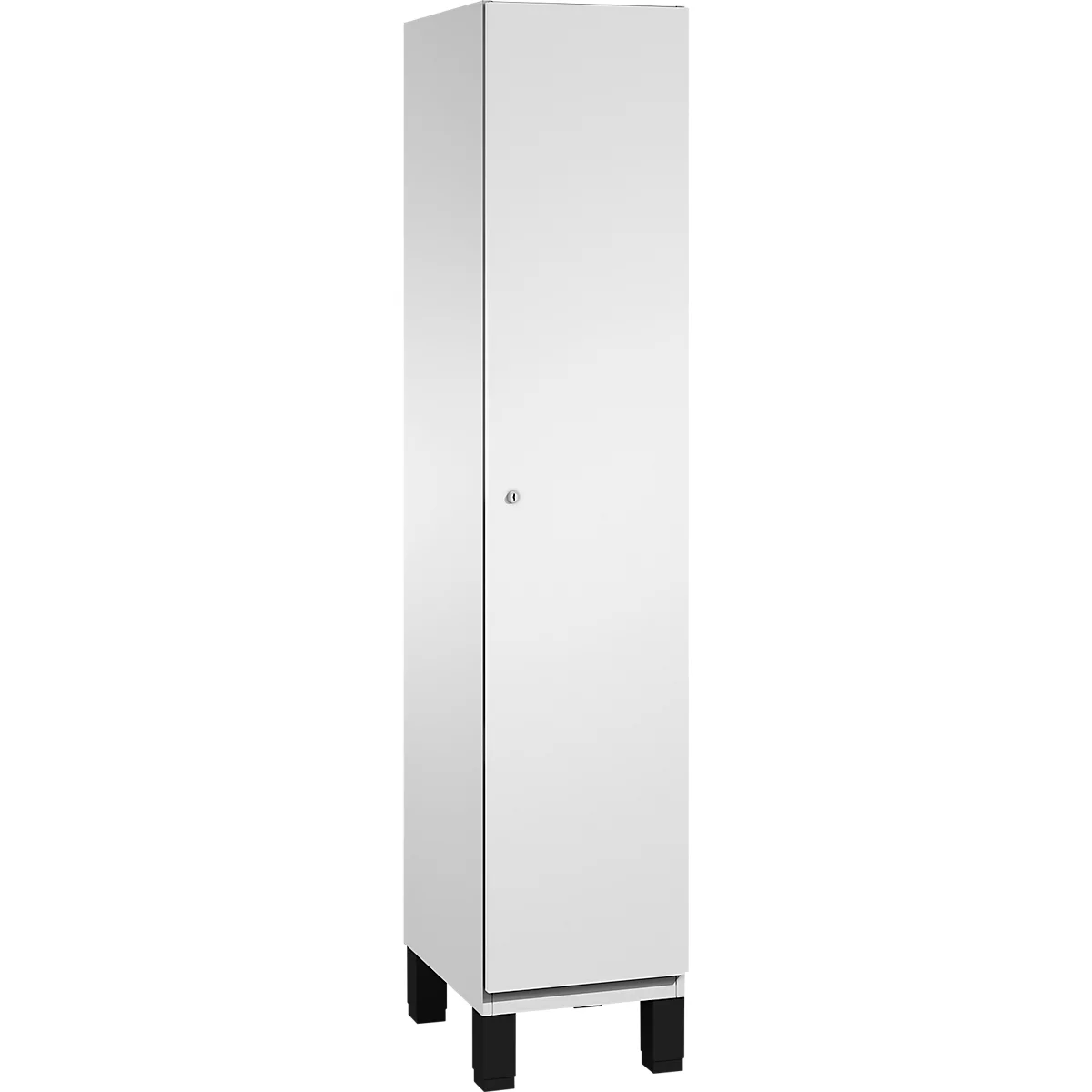 Armoire haute, blanche avec porte, sur pieds noirs.