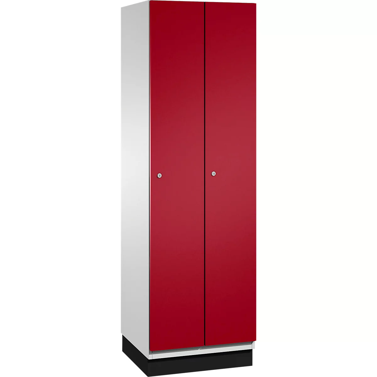 Armoire haute, corps blanc, portes rouges, deux petites poignées argentées. Socle noir.
