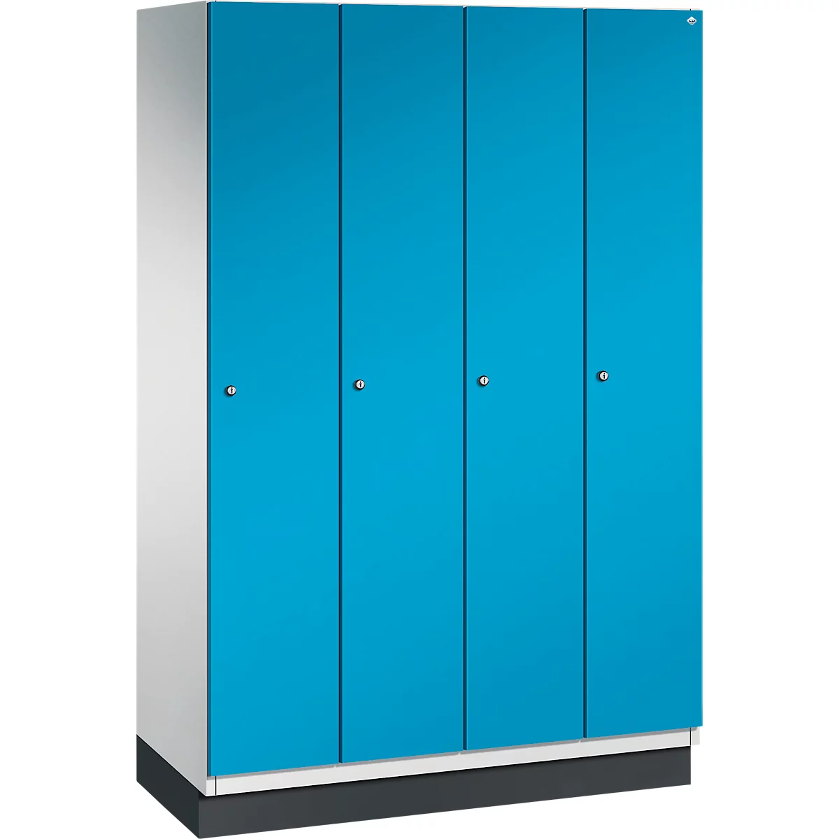 Armoire avec quatre portes bleues, poignées argentées et socle gris.