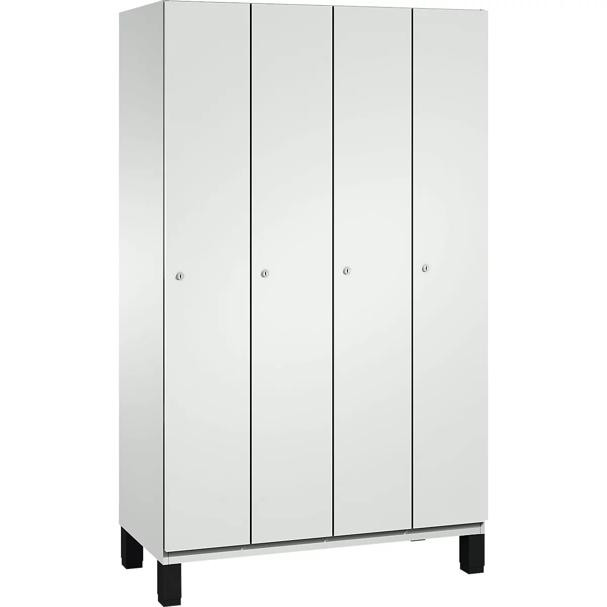 Armoire blanche à quatre portes, poignées argentées et pieds noirs.
