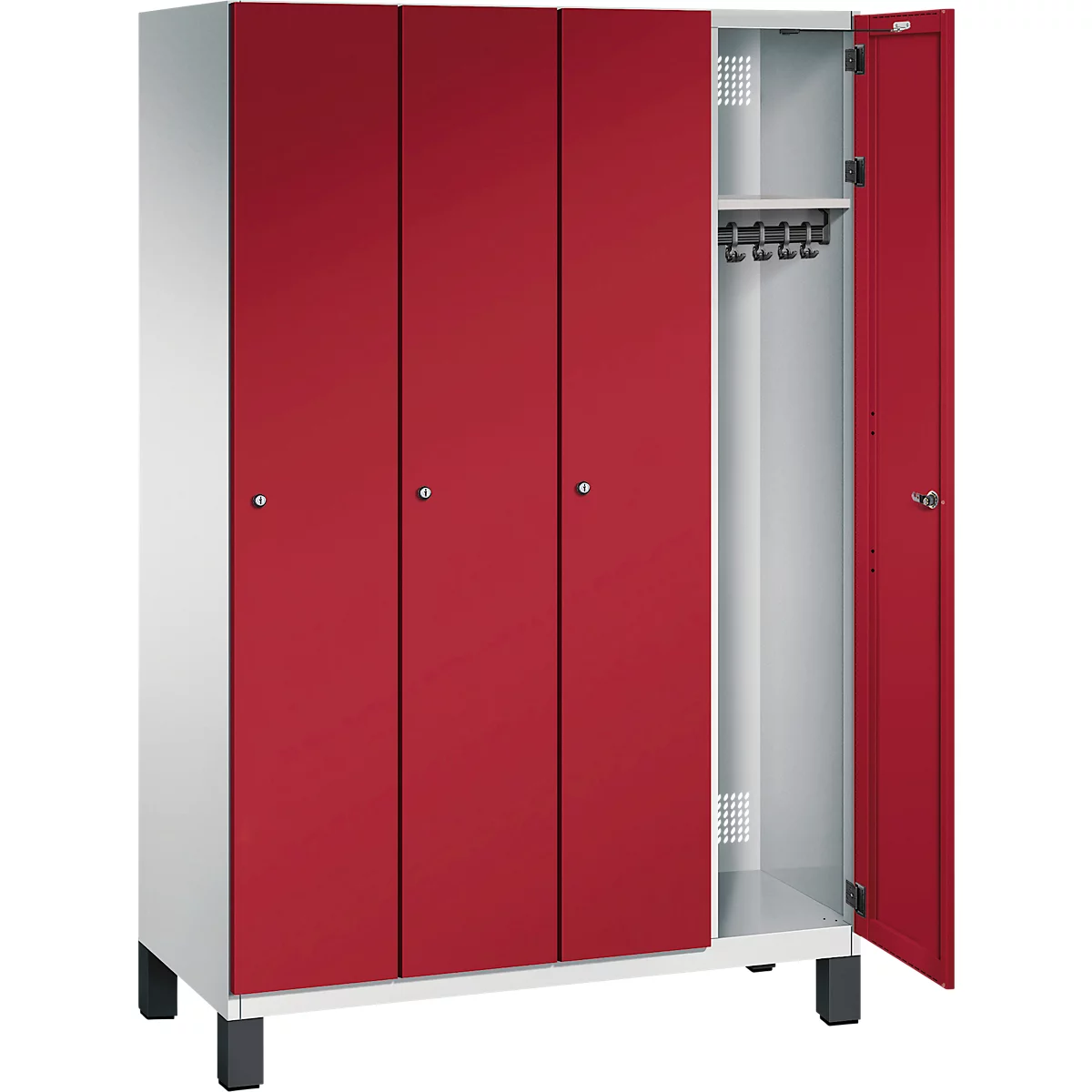 Une armoire blanche et rouge avec quatre portes, dont une est ouverte. À l'intérieur, des crochets et une étagère.